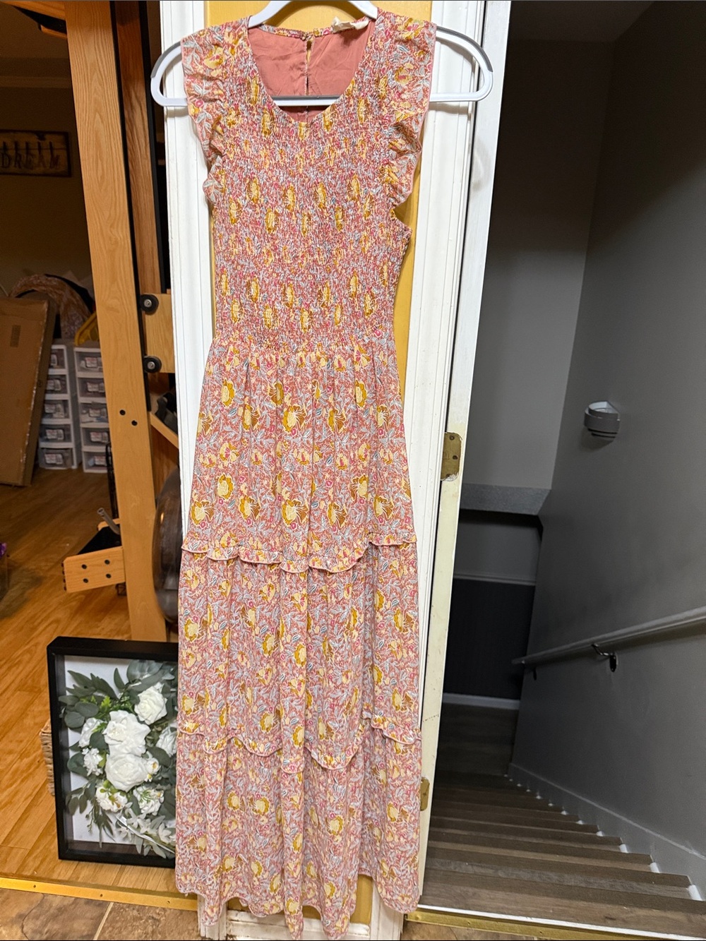 MELLODAY Smocked Floral Tiered Midi Dress Small Cottagecore Boho